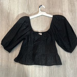 Black Cropped Eyelet Blouse